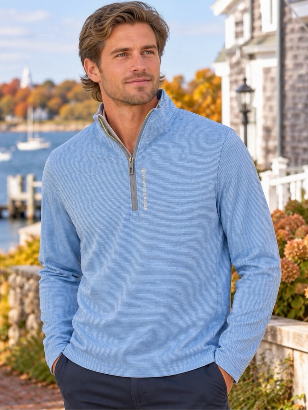Vineyard Vines Sankaty Quarter Zip Men’s M Blue Stripe Performance Golf